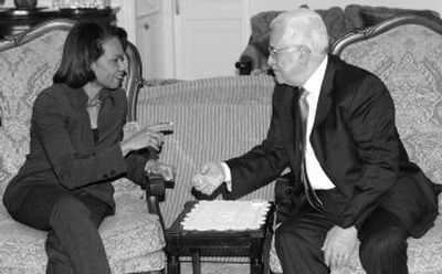
U.S. Secretary of State Condoleezza Rice meets with Palestinian President Mahmoud Abbas on Monday in Amman, Jordan. 
 (Associated Press / The Spokesman-Review)
