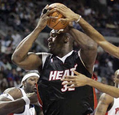 
Heat's Shaquille O'Neal, center, will face the Pistons, who beat his previous team, the Lakers, last season in the NBA Finals. 
 (File/Associated Press / The Spokesman-Review)