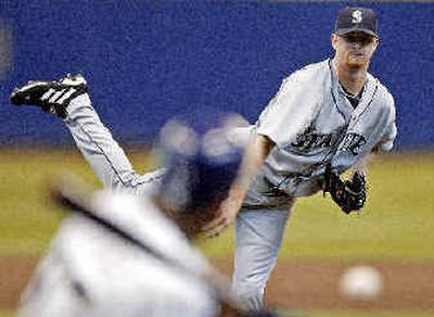 Seattle's Ryan Franklin pitched adequately, but wasn't around to get the decision, leaving in the seventh inning.
(Associated Press / The Spokesman-Review)