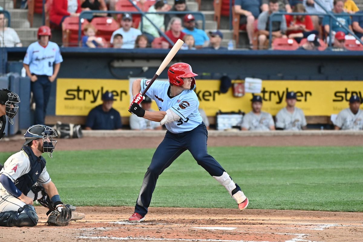 Spokane Indians first base Hunter Goodman swings against Tri-City on Friday, July 8 at Avista Stadium. Goodman was promoted from Low-A Fresno earlier in the week.  (James Snook/Spokane Indians)