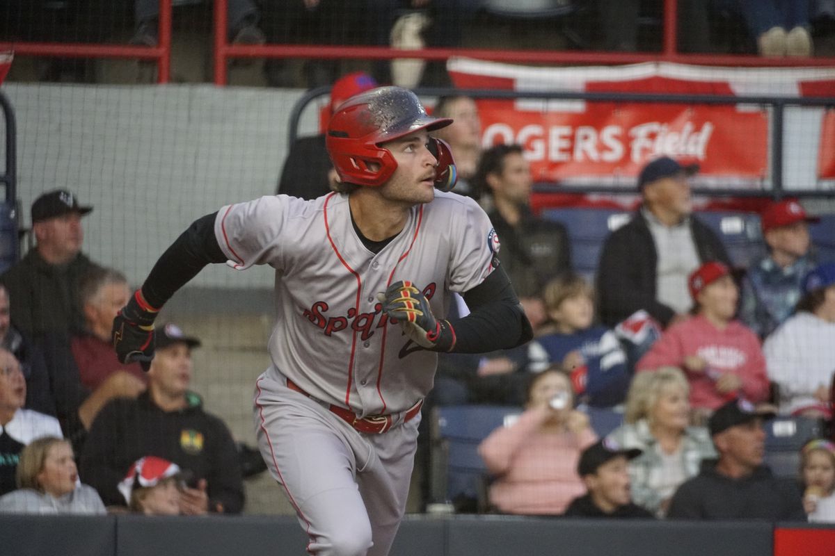 Spokane Indians third base Kyle Karros watches his first inning home run leave the park against the Vancouver Canadians at Nat Bailey Stadium on Sept. 11, 2024.  (Spokane Indians)