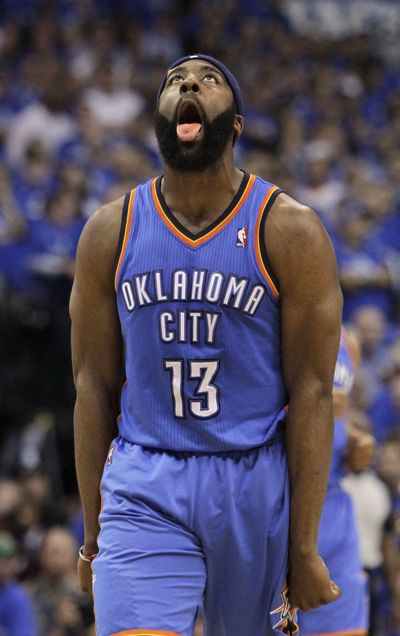 Thunder’s James Harden celebrates a basket during the second half of Western Conference finals victory over the Mavericks. (Associated Press)