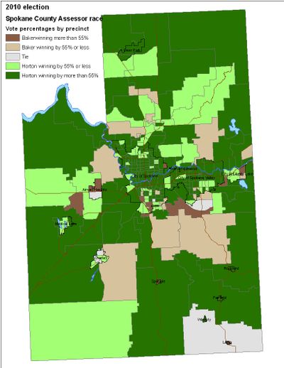 Computer map of votes cast in the Spokane County assessor's race as of 11/2/2010. (Jim Camden/Spokesman-Review)
