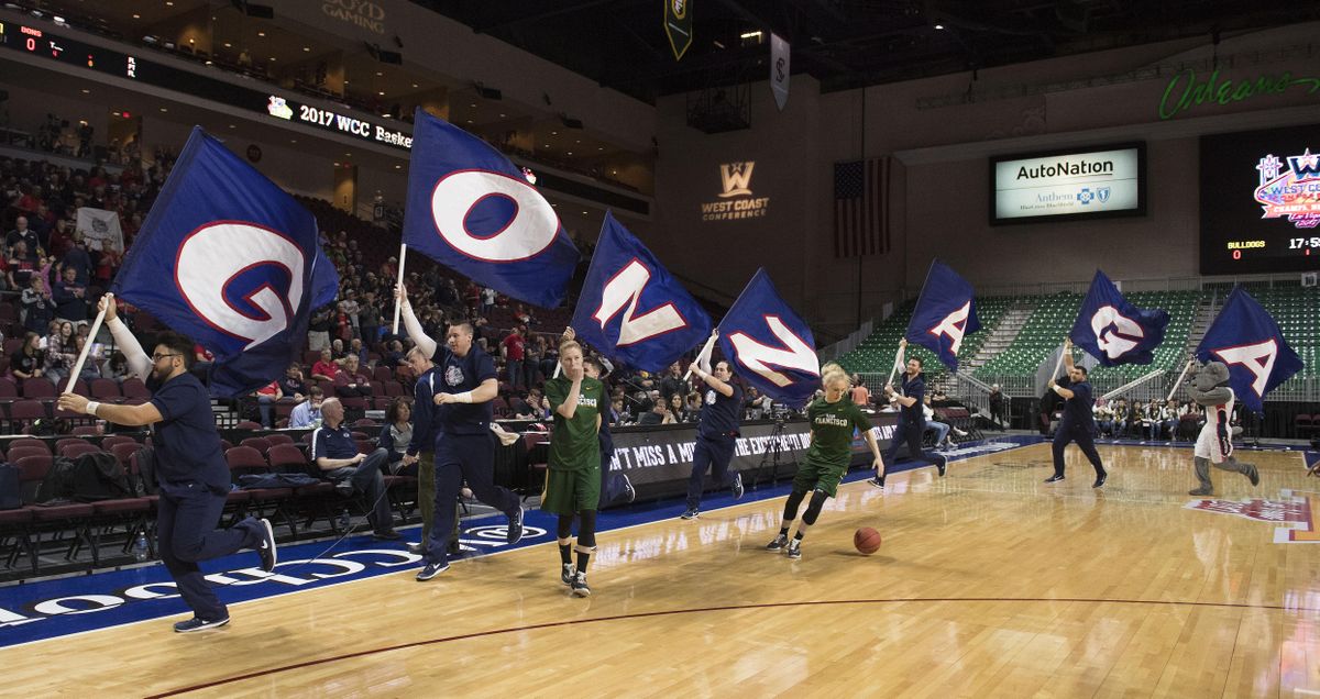 Gonzaga cheerleaders take to the court during warmups, Mon., March 6, 2017, at Orleans Arena in Las Vegas. (Colin Mulvany / The Spokesman-Review)