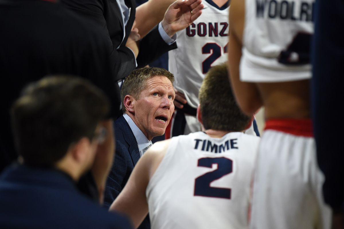 Gonzaga coach Mark Few talks to players during a timeout against Detroit Mercy last December.  (Colin Mulvany / The Spokesman-Review)