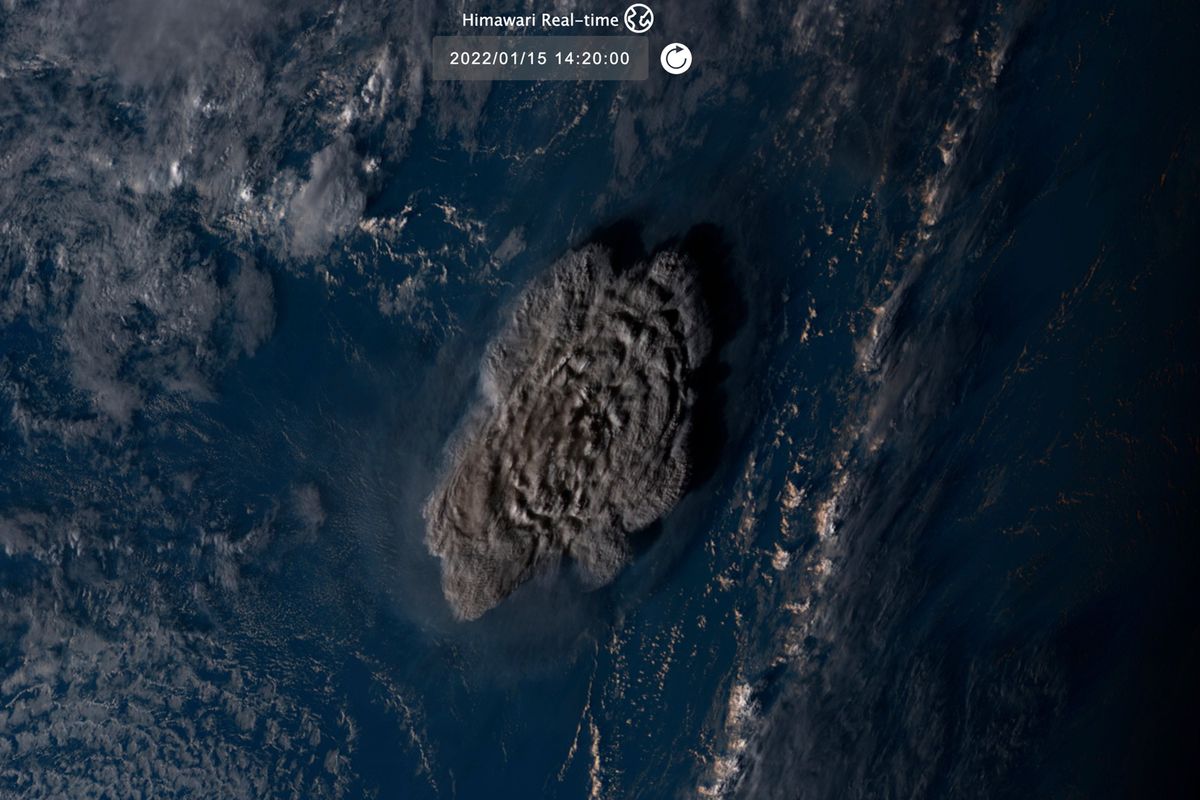 This satellite image taken by Himawari-8, a Japanese weather satellite operated by Japan Meteorological Agency and released by National Institute of Information and Communications Technology (NICT), shows an undersea volcano eruption at the Pacific nation of Tonga Saturday, Jan. 15, 2022.  (HONS)