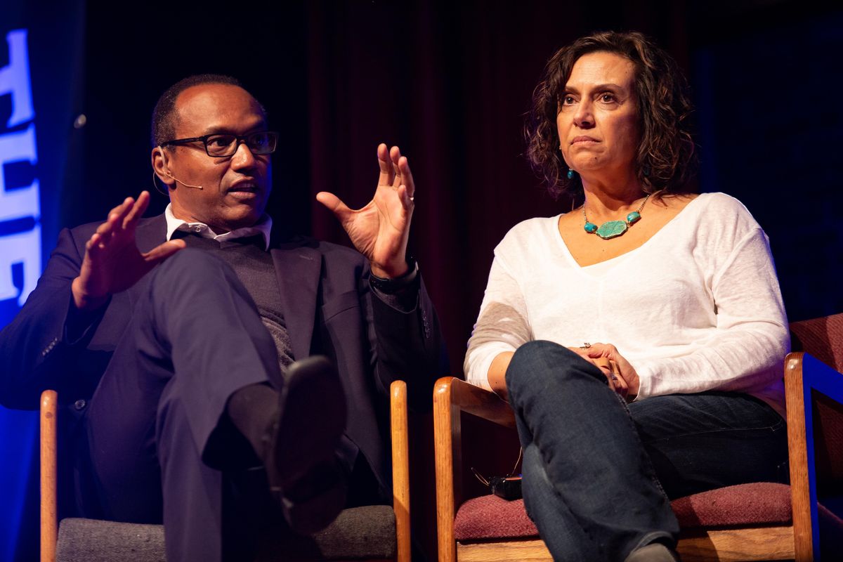 Curt and Ana Warner speak about their book, "The Warner Boys," which they wrote with former Spokesman-Review sports reporter Dave Boling, during a Northwest Passages event at the Bing Crosby Theater on Sunday, April 14, 2019. The book focuses on the family