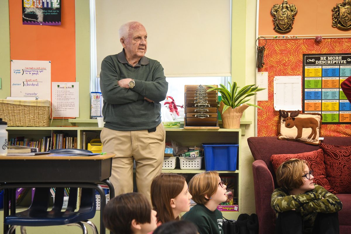 Glenn Frizzell, the 87-year-old part-time superintendent of Great Northern School District visits the 5-6 classroom, Thursday, Jan. 24, 2019. (Dan Pelle / The Spokesman-Review)
