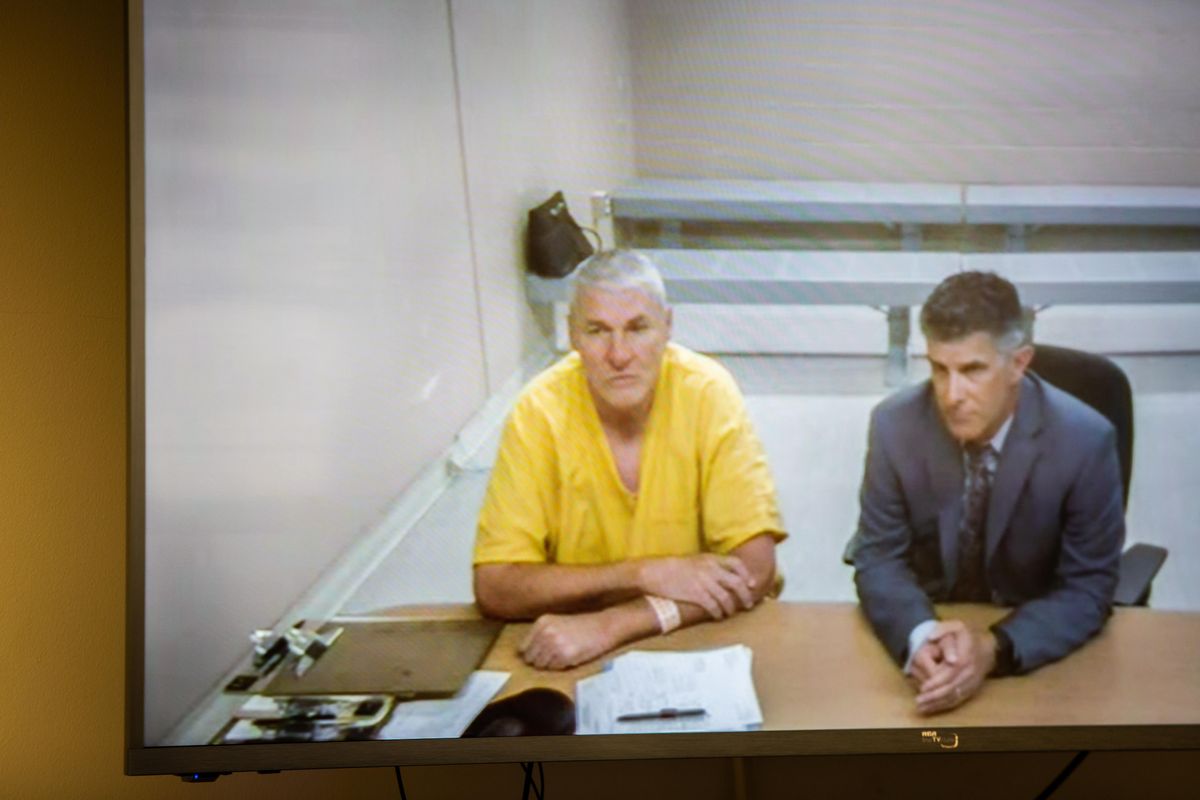 Former WSU quarterback and Superbowl MVP Mark Rypien appears alongside defense attorney Chris Bugbee via video conference Monday, July 1, 2019, in Spokane Municipal Court. Rypien was arrested Sunday, June 30, 2019, for alleged fourth-degree domestic violence assault against his wife. (Libby Kamrowski / The Spokesman-Review)