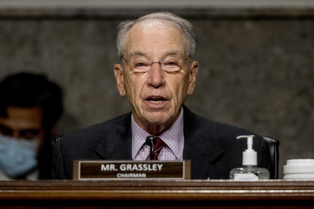 FILE - In this June 17, 2020, file photo, Sen. Chuck Grassley, R-Iowa, speaks during a Senate Finance Committee hearing on U.S. trade on Capitol Hill in Washington. Grassley is among GOP officials from New Hampshire to Mississippi to Iowa who quickly pushed back against President Donald Trump