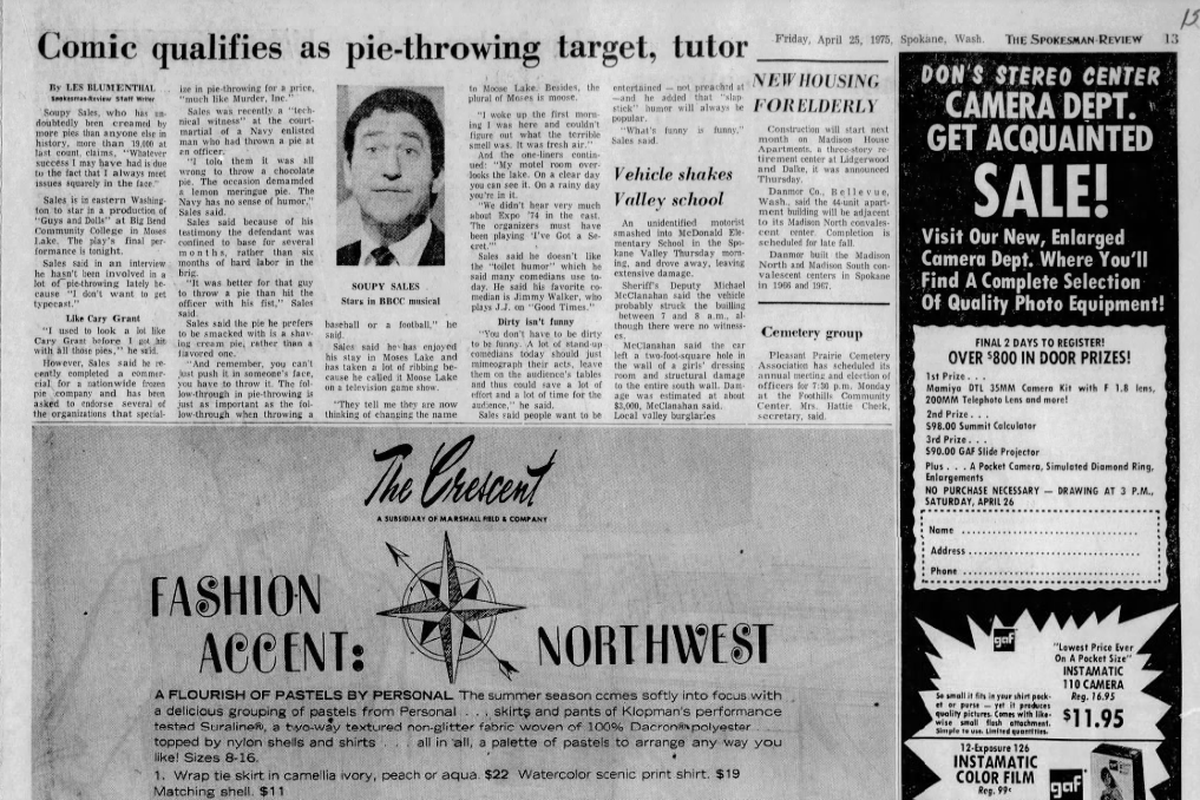 Soupy Sales, best-known as a pie-in-the-face slapstick comedian, was starring in the musical “Guys and Dolls” at Big Bend Community College in Moses Lake, The Spokesman-Review reported on April 25, 1975.  (Spokesman-Review archives)