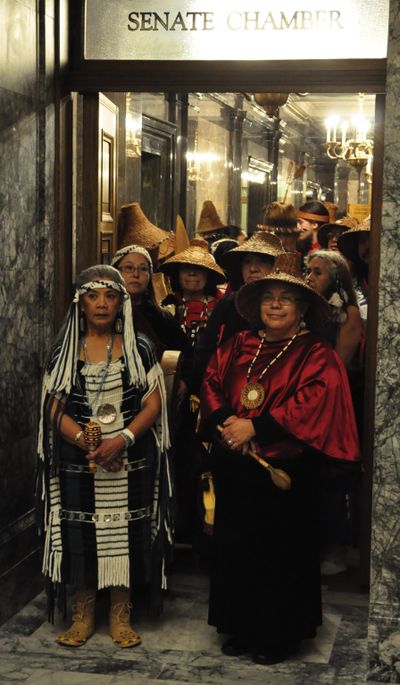 OLYMPIA -- Members of South Puget Sound tribes wait at the Capitol to perform at the Inaugural Ball Celebrations (Jim Camden)