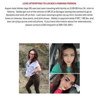Aspen Valdez, 26, went missing in February and was found dead five days later in the backyard of a Sprague residence, according to the Lincoln County Sheriff’s Office. She died of hypothermia while on methamphetamine, according to officials.   (Courtesy of Lincoln County Sheriff's Office)