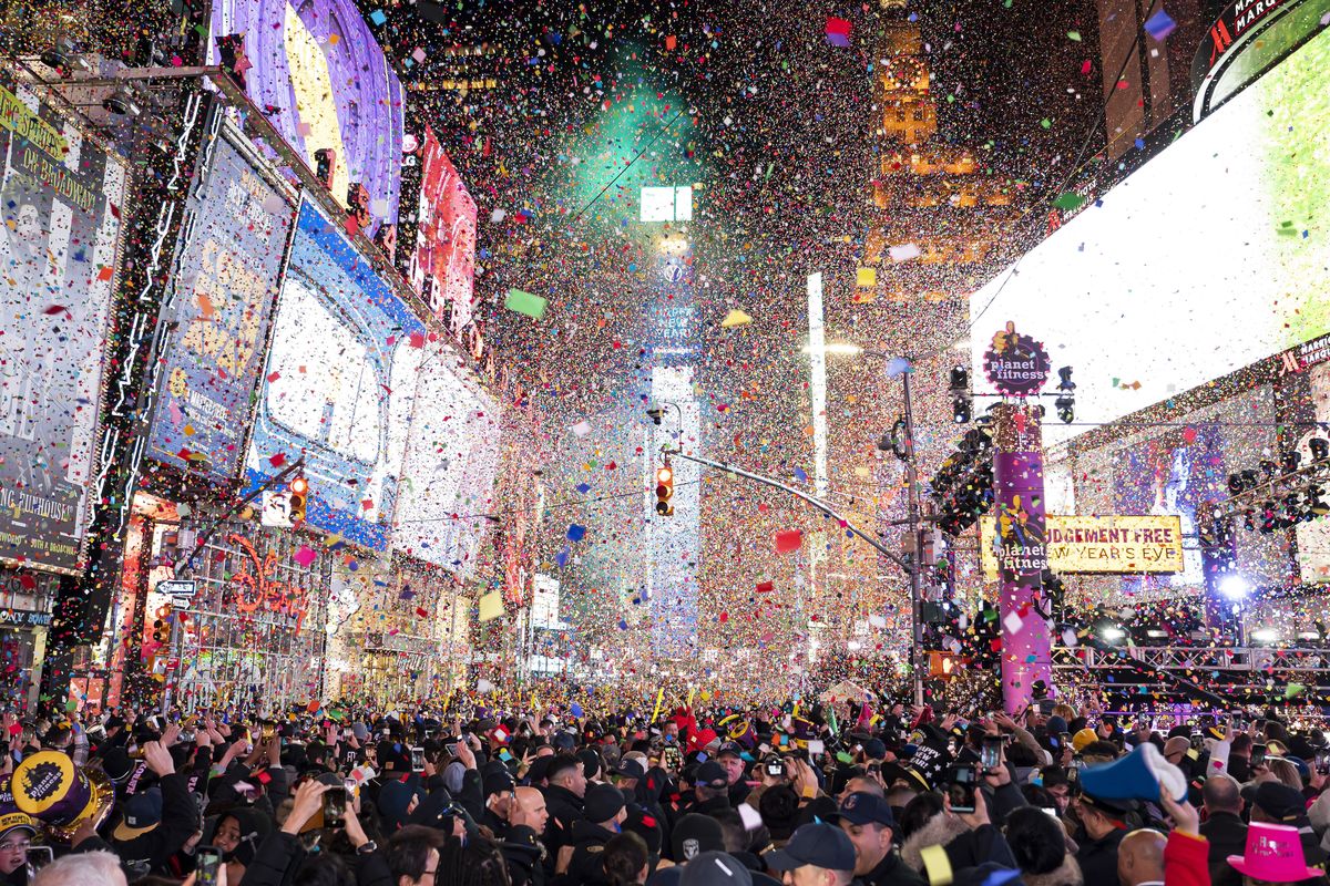 Confetti falls at midnight on the Times Square New Year’s Eve celebration last year New York.  (Ben Hider)