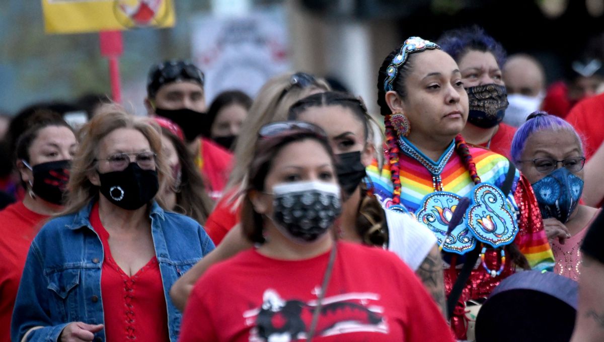People gather and march in honor of the National Day of Awareness for Missing and Murdered Indigenous Women and Girls on Wednesday.  (Kathy Plonka/The Spokesman-Review)