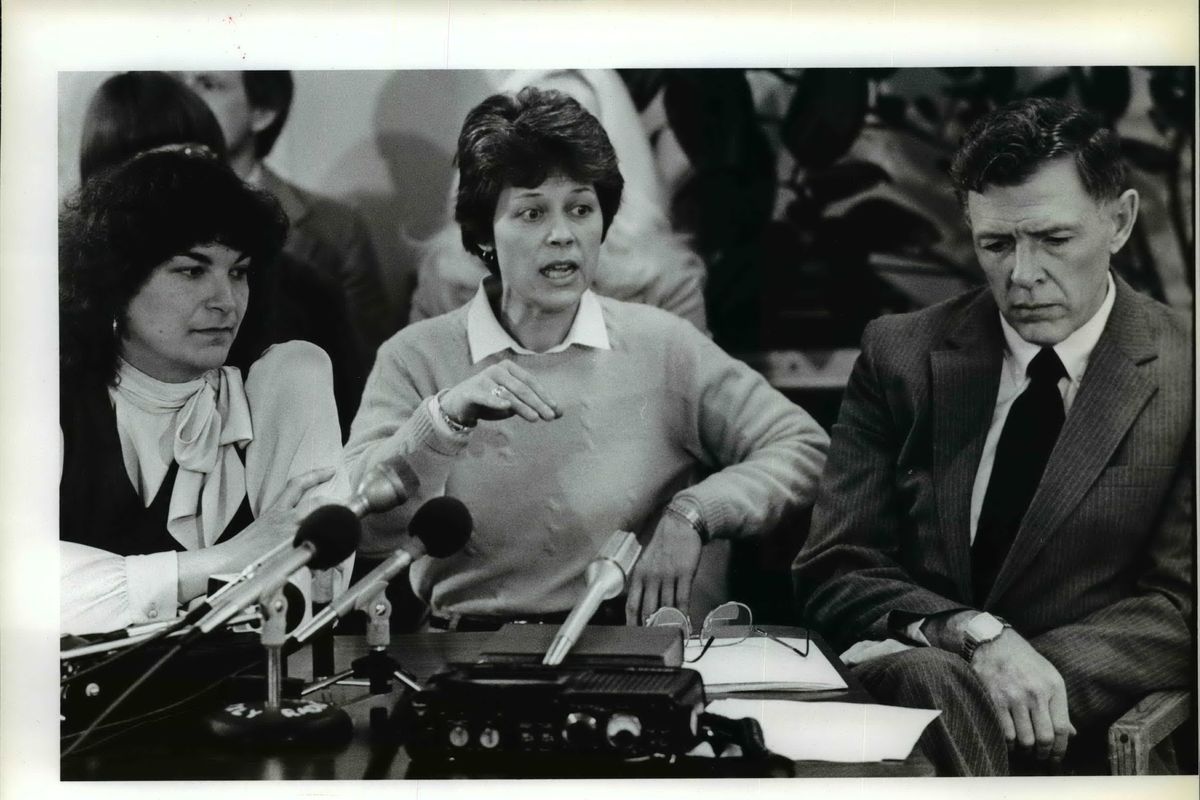 Dr. Stacie Bering, left, National Organization for Women Spokane chapter president Diane Falke and then-Spokane Police Chief Robert Panther discuss their concerns about anti-abortion protests leading to violence at a news conference on Jan. 20, 1985.  (Jim Shelton/The Spokesman-Review)