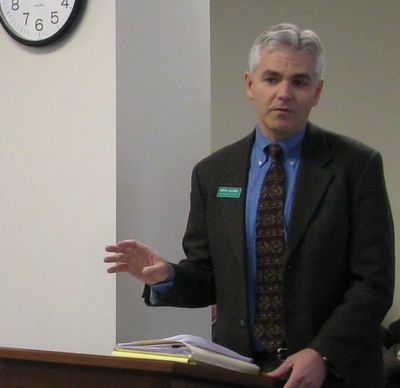 Keith Allred testifies to an Idaho legislative committee earlier this year as a citizen lobbyist for The Common Interest, the good-government group he formed. Allred filed recently to run for governor as a Democrat, challenging GOP Gov. Butch Otter. (Betsy Russell)