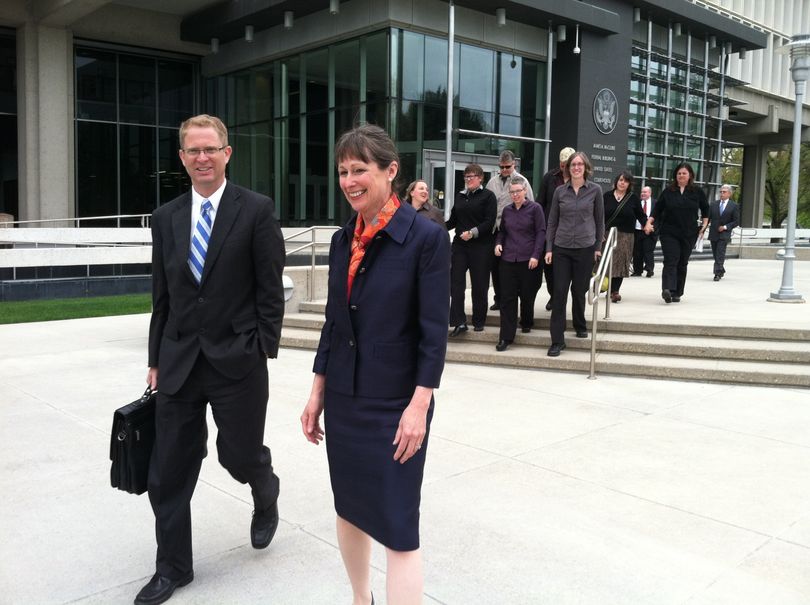 Attorneys and plaintiffs leave the U.S. District Court building in Boise on Monday after arguments in the case challenging Idaho's ban on same-sex marriage. (Betsy Russell)