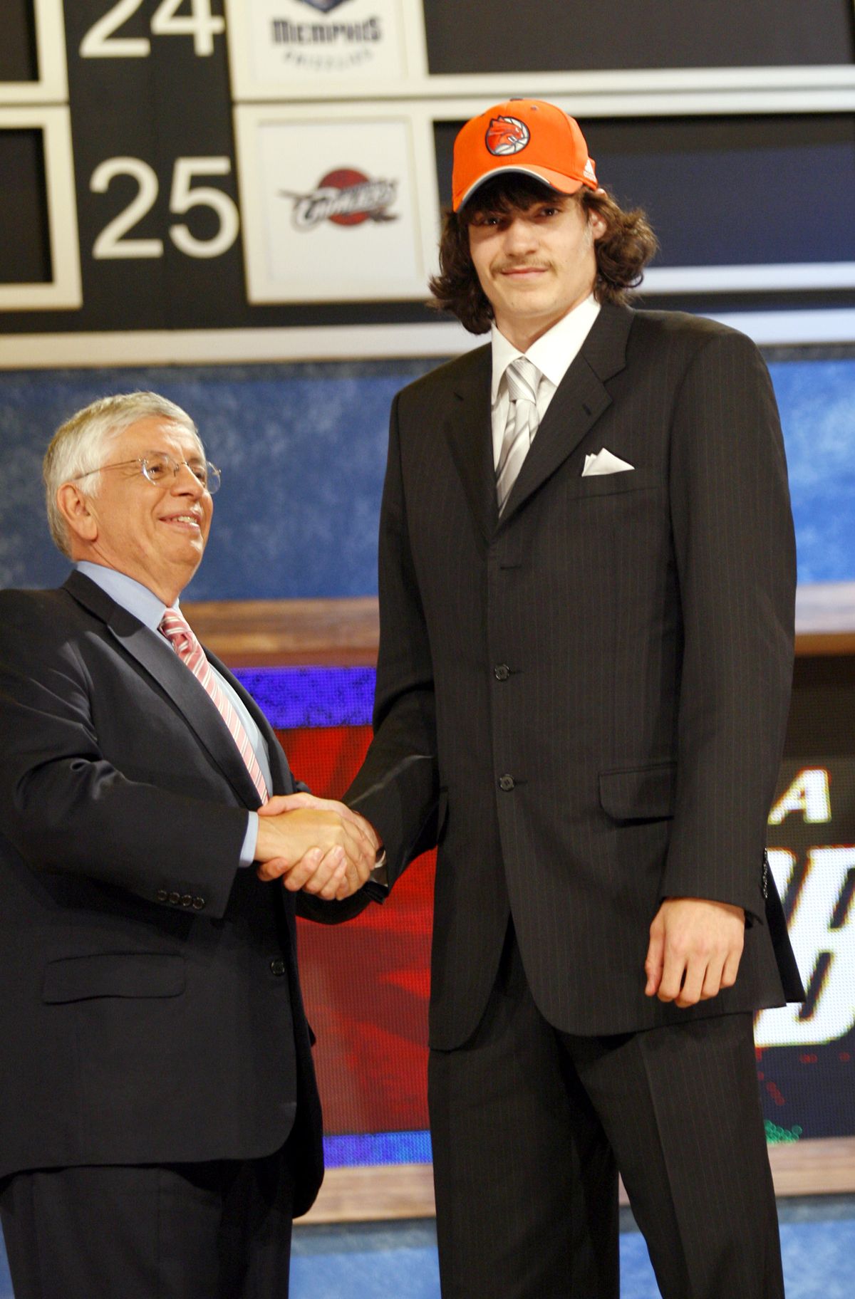 Adam Morrison, a forward from Gonzaga, poses for a photo with NBA Commissioner David Stern after he is chosen by the Charlotte Bobcats as the third overall pick of the 2006 NBA Draft Wednesday, June 28, 2006 at Madison Square Garden in New York.  (Associated Press)