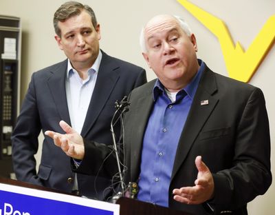 Kansas 4th District congressional candidate Ron Estes, right, and Sen. Ted Cruz, who came to Wichita to campaign for Estes the day before a special election, speak to the media before their rally at Yingling Aviation on Monday, April 10, 2017, in Wichita, Kan. (Fernando Salazar / Wichita Eagle)