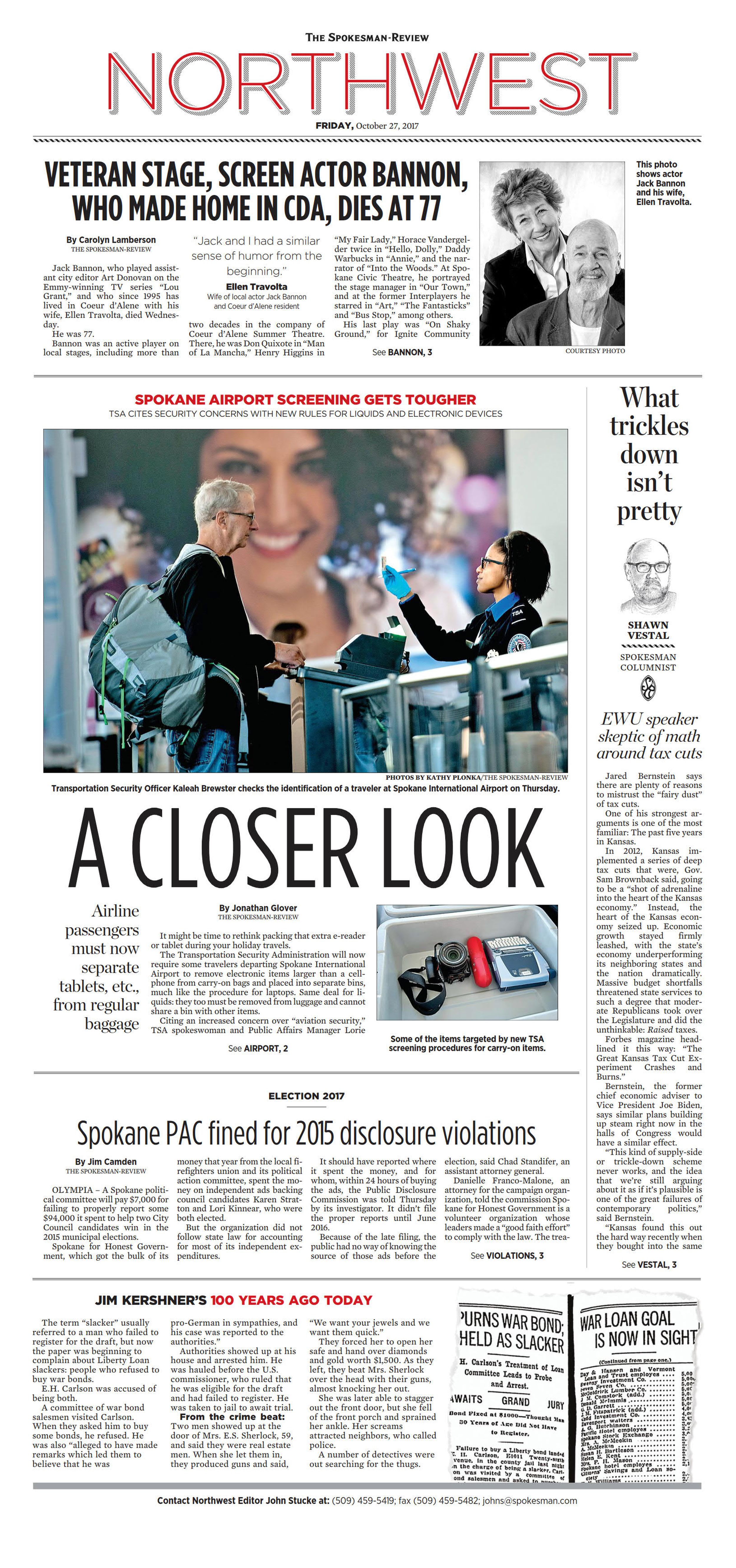 Northwest Front Page for Oct. 30, 2017 The SpokesmanReview