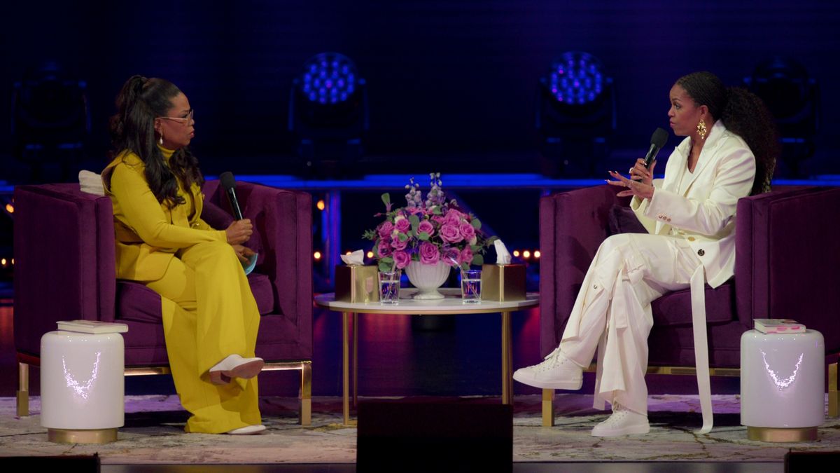 Longtime friends Oprah Winfrey and Michelle Obama talk about a wide range of topics in “The Light We Carry,” recorded at the end of the former first lady’s book tour. It’s streaming on Netflix.  (Netflix)