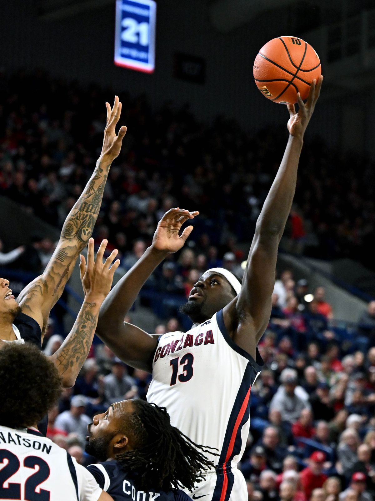 Gonzaga forward Graham Ike (13) shoots the ball during the first half of a NCAA college basketball game with Jackson State, Wednesday, Dec. 20, 2023, in the McCarthey Athletic Center.  (COLIN MULVANY)