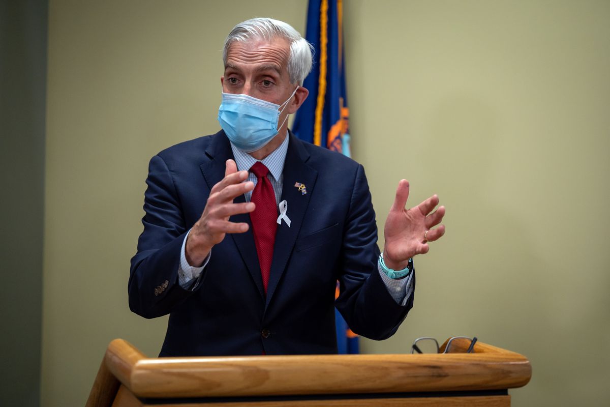 After a visit to the Mann-Grandstaff VA Medical Center in Spokane, Department of Veterans Affairs Secretary Denis McDonough speaks to the media during a press conference on April 28, 2021.  (COLIN MULVANY/THE SPOKESMAN-REVI)