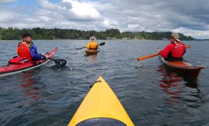 South Sound Area Kayakers Club members Gerry Hodge, left, Holly Henry and Ted Henry paddle together during a trip from Boston Harbor, north of Olympia, to Hope Island State Park in Washington. Seattle Times (Seattle Times / The Spokesman-Review)