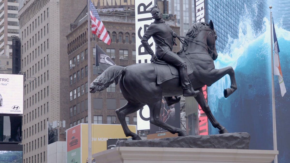 The “Rumors of War” statue by Kehinde Wiley in the documentary “Civil War (Or, Who Do We Think We Are).”  (Boynton Films)