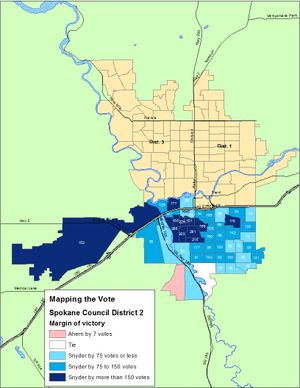 This is a map of the margin of victory for each precinct in the 2013 Spokane Council District 2 race. It replaces 232117, which has a typo (Jim Camden)