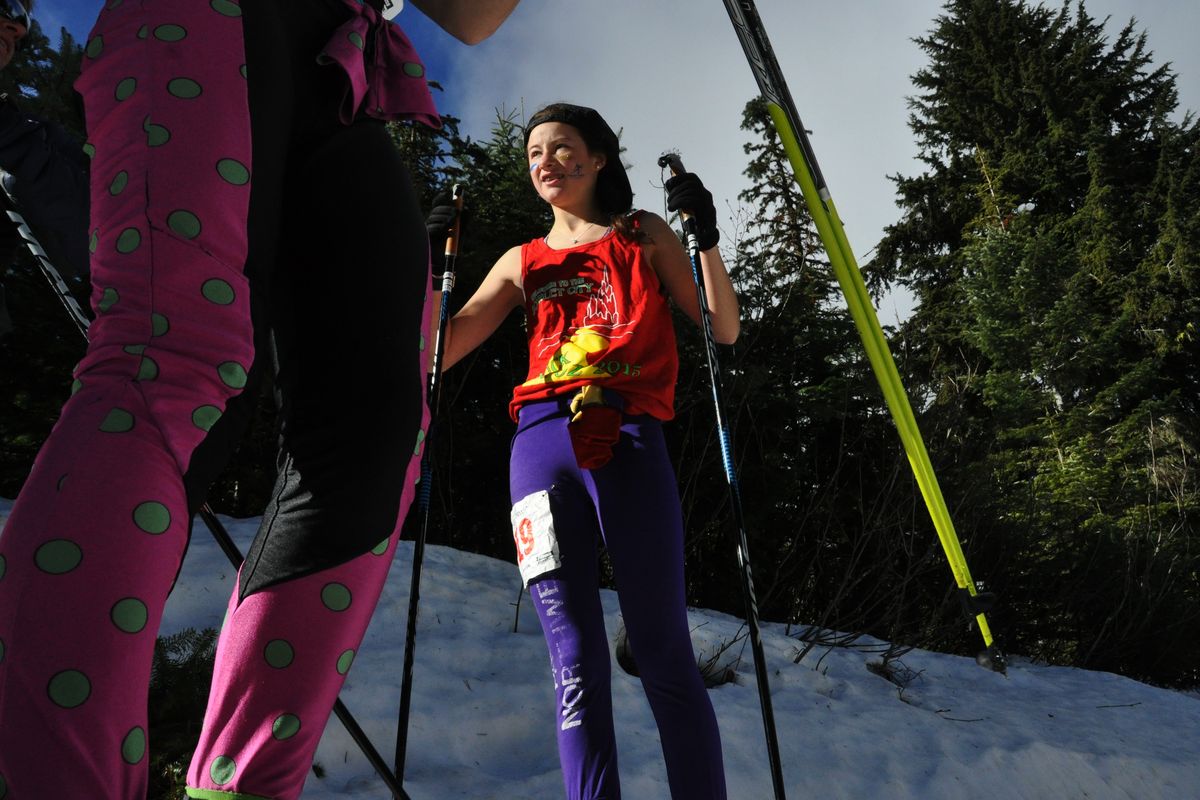 Lauren Potyk and other skiers donned spring-like clothing for the Langlauf 10K cross-country citizens race at Mount Spokane on Sunday, Feb. 8, 2015. (Rich Landers)