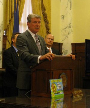 Gov. Butch Otter helps launch a canal-safety campaign on Tuesday (Betsy Russell)