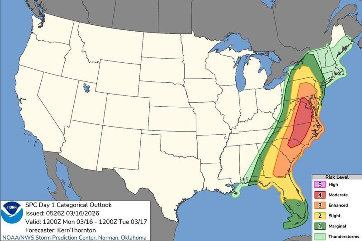 Map from the National Weather Service Storm Prediction Center showing severe weather expected across much of the eastern U.S. on Monday, March 16. (National Weather Service Storm Prediction Center)