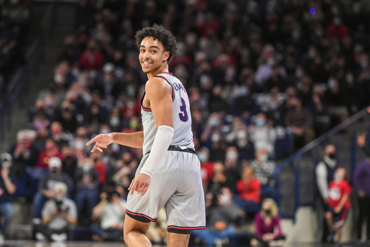 Gonzaga guard Andrew Nembhard is all smiles after sinking a 3-point shot Thursday in the McCarthey Athletic Center.  (Dan Pelle/THE SPOKESMAN-REVIEW)