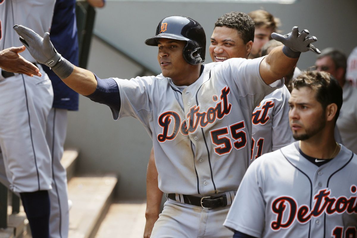 Detroit Tigers 1B Jefry Marte (55) celebrates in the dugout after he hit his first MLB home run in the fourth inning on Wednesday in Seattle. (AP)