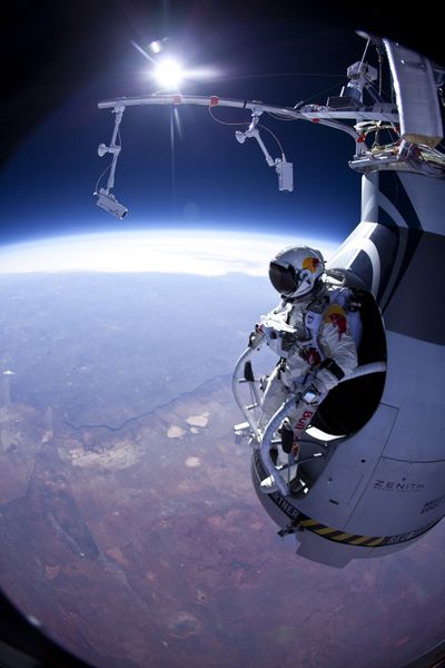 FILE - In this Thursday, March 15, 2012 photo provided by Red Bull Stratos, Felix Baumgartner prepares to jump during the first manned test flight for Red Bull Stratos over Roswell, N.M. On Monday, Oct. 8, 2012 over New Mexico, Baumgartner will attempt to jump higher and faster in a free fall than anyone ever before and become the first skydiver to break the sound barrier. (Jay Nemeth / Red Bull)