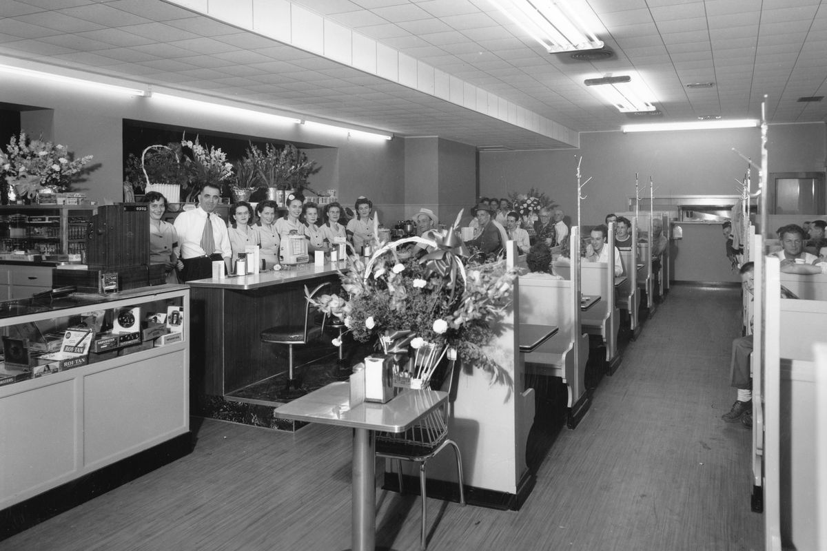 1949: Since Michael “Mitch” Asan opened it in 1935, the Mayfair Café was a discount diner and a place to get a beer. But over the years, the downtown restaurant and bar was mostly just a bar. The dilapidated 1890 building was torn down last month. (The Eastern Washington Historical Society Archives)