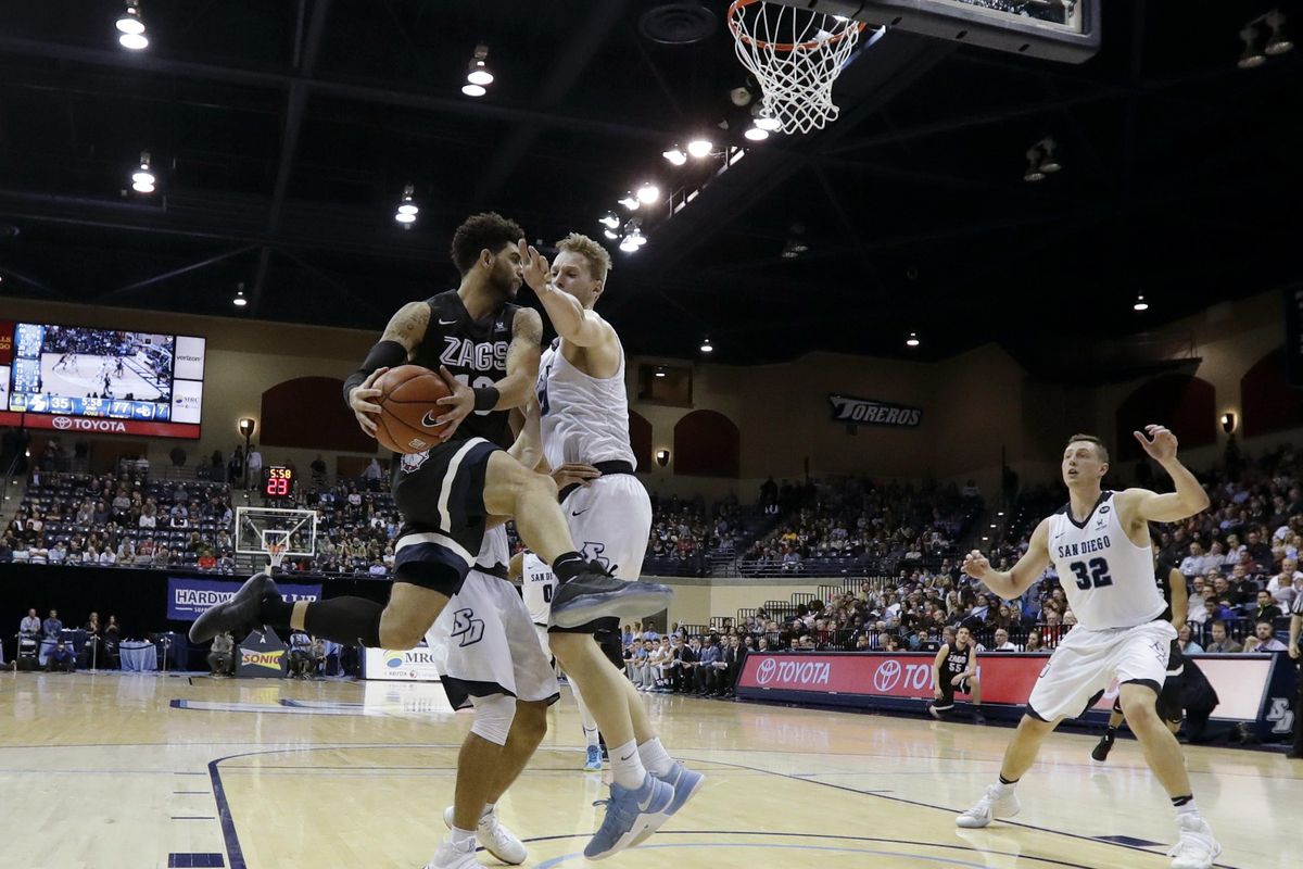 Gonzaga guard Josh Perkins, left, looks to pass as he gets past San Diego forward Cameron Neubauer during the first half of an NCAA college basketball game Thursday, Feb. 23, 2017, in San Diego. (Gregory Bull / Associated Press)