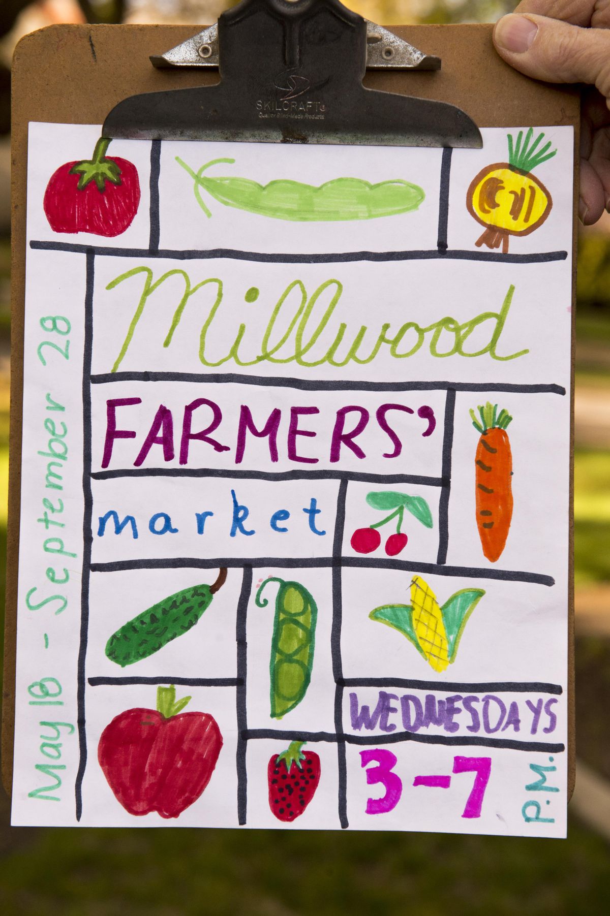 Natalie Lohstroh’s poster won first place in the Millwood Farmers Market Poster Contest. (Colin Mulvany / The Spokesman-Review)