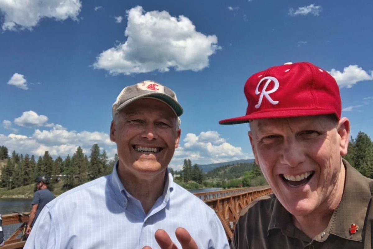 Bob Whittaker and Gov. Jay Inslee pose together on Wednesday May 23, 2018. Inslee visited the Ferry County Rail to Trail project. Whittaker is the president of the Ferry County Rail Trail Partners. (Courtesy)