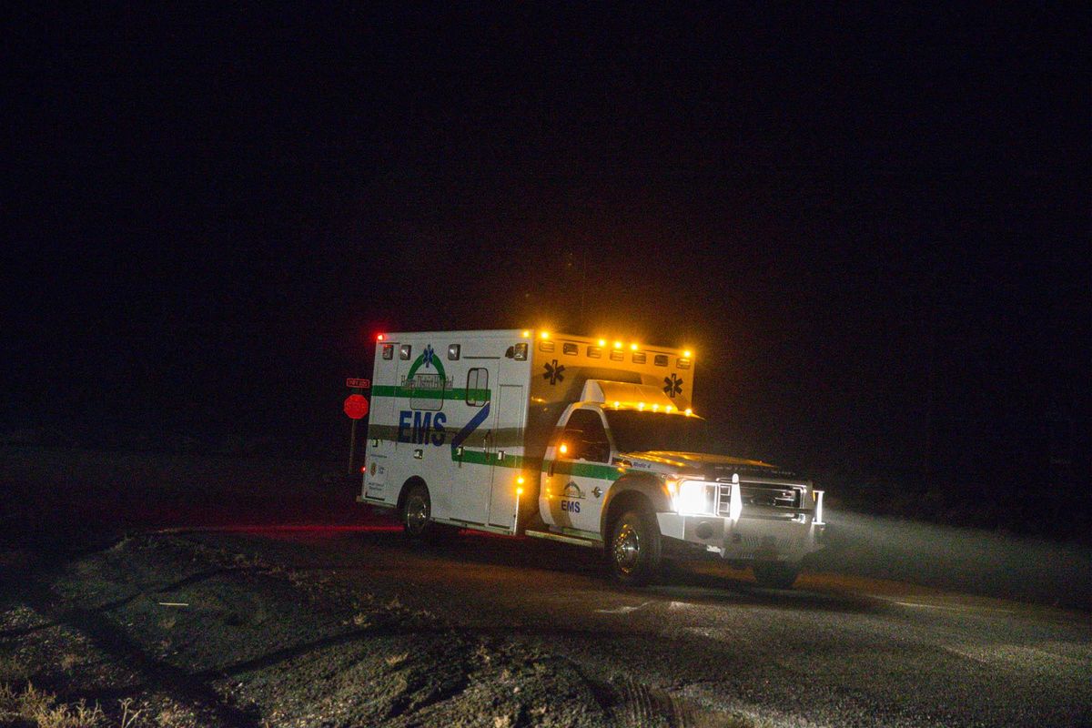 An ambulance proceeds through the Narrows roadblock near Burns, Ore., as FBI agents have surrounded the remaining four occupiers at the Malheur National Wildlife Refuge, on Wednesday, Feb.10, 2016. (Thomas Boyd / Associated Press)