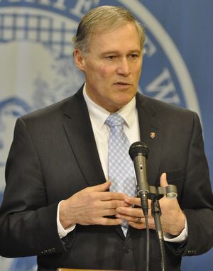 OLYMPIA -- Gov. Jay Inslee talks about the need to pass statewide testing requirements to keep federal funding at a press conference in his office. (Jim Camden)
