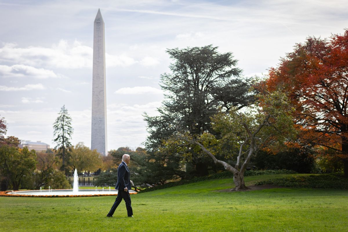 President Joe Biden arrives at the White House on Monday. Biden had no public events on Election Day. (MUST CREDIT: Maansi Srivastava for The Washington Post)  (Maansi Srivastava/Maansi Srivastava for The Washington Post)