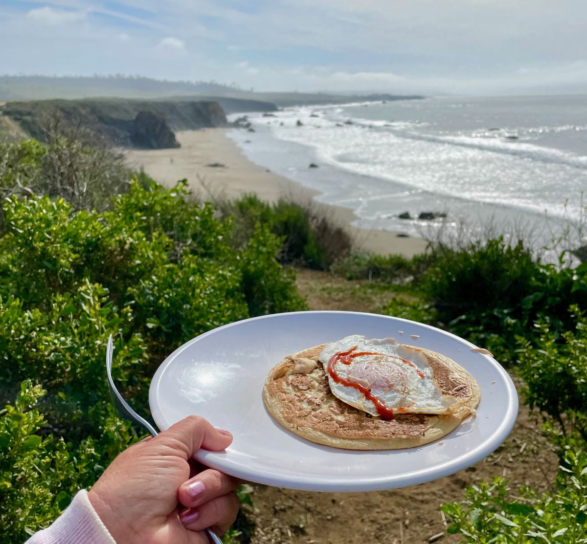 A pancake and egg breakfast overlooking the coastline near Big Sur, Calif. (Leslie Kelly)