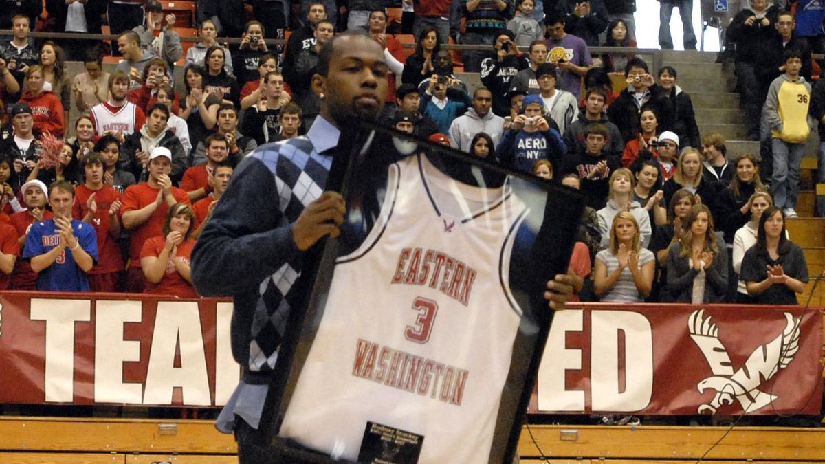 Former Eastern Washington University All-American basketball player  Rodney Stuckey shows off his retired No. 3 jersey at a ceremony honoring him in Cheney on Jan. 11, 2009. (File / SR)