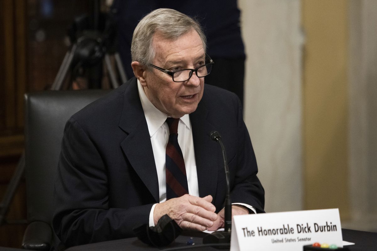 Sen. Dick Durbin, D-Ill., introduces Secretary of State nominee Antony Blinken during his confirmation hearing to be Secretary of State before the Senate Foreign Relations Committee on Capitol Hill in Washington, Tuesday, Jan. 19, 2021.  (Graeme Jennings)
