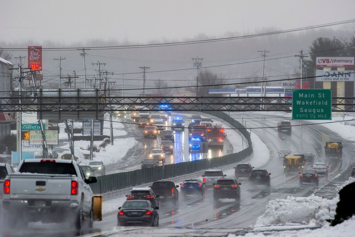 Snow, ice, and slush make roads treacherous around Massachusetts during winter storm Orlena as seen on Route US One in Saugus, Mass., on Feb. 2, 2021. New England may see up to 18 inches of snow through Monday, according to the U.S. Weather Prediction Center on Sunday, with up to a foot possible in New York City.  (Tribune News Service )