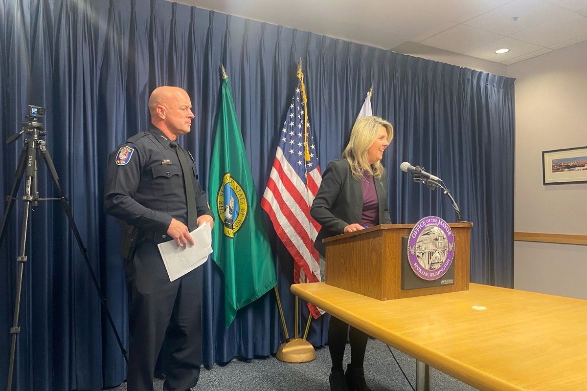 Spokane Police Chief Craig Meidl and Spokane Mayor Nadine Woodward respond in a news conference at City Hall on Tuesday, Jan. 31, 2023, to the announcement from several community groups that they will no longer participate in roundtable discussions about police reform with city leaders.  (Emma Epperly/The Spokesman-Review)