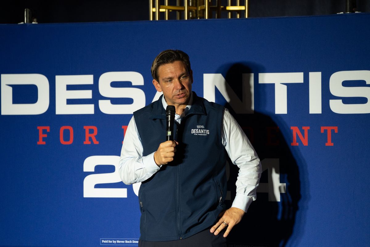 Florida Gov. Ron DeSantis delivers remarks at Revelton Distilling Company in Osceola, Iowa, on July 27. When it comes to the Republican primaries, attacks on “wokeness” may be losing their punch.  (CHRISTOPHER SMITH)